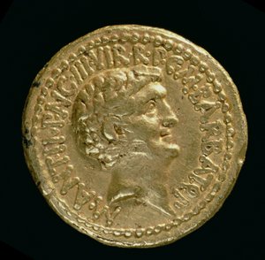 Aureus (Vorderseite) mit dem unbedeckten Kopf von Marcus Antonius (82-30 v. Chr.)